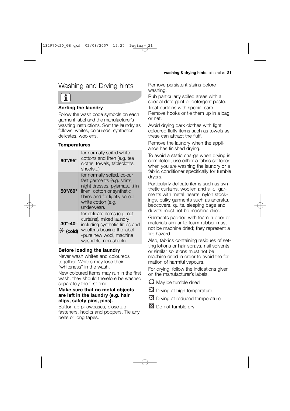 Washing and drying hints | Electrolux EWW 12480 W User Manual | Page 21 / 96