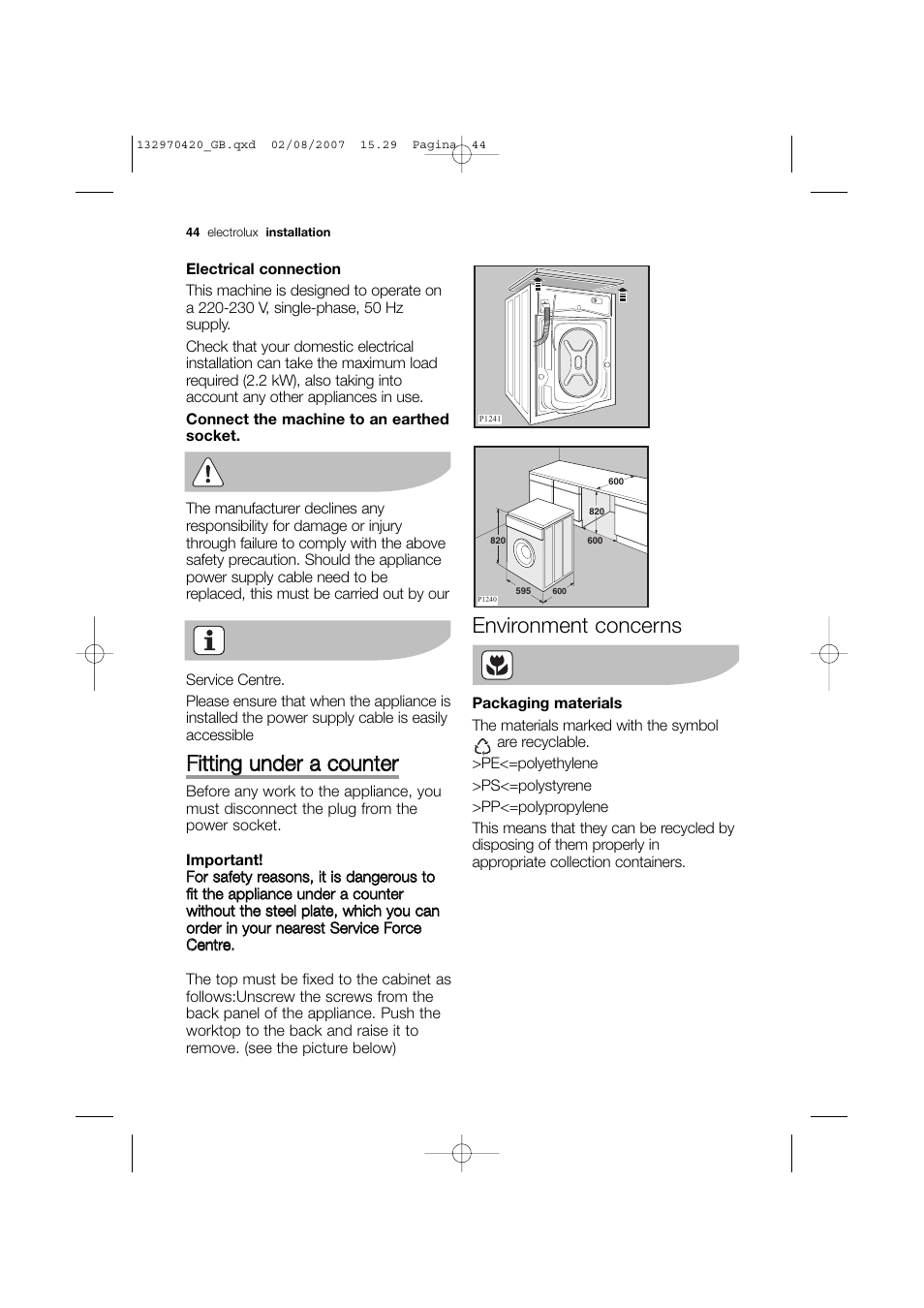 Environment concerns | Electrolux EWW 12480 W User Manual | Page 44 / 96