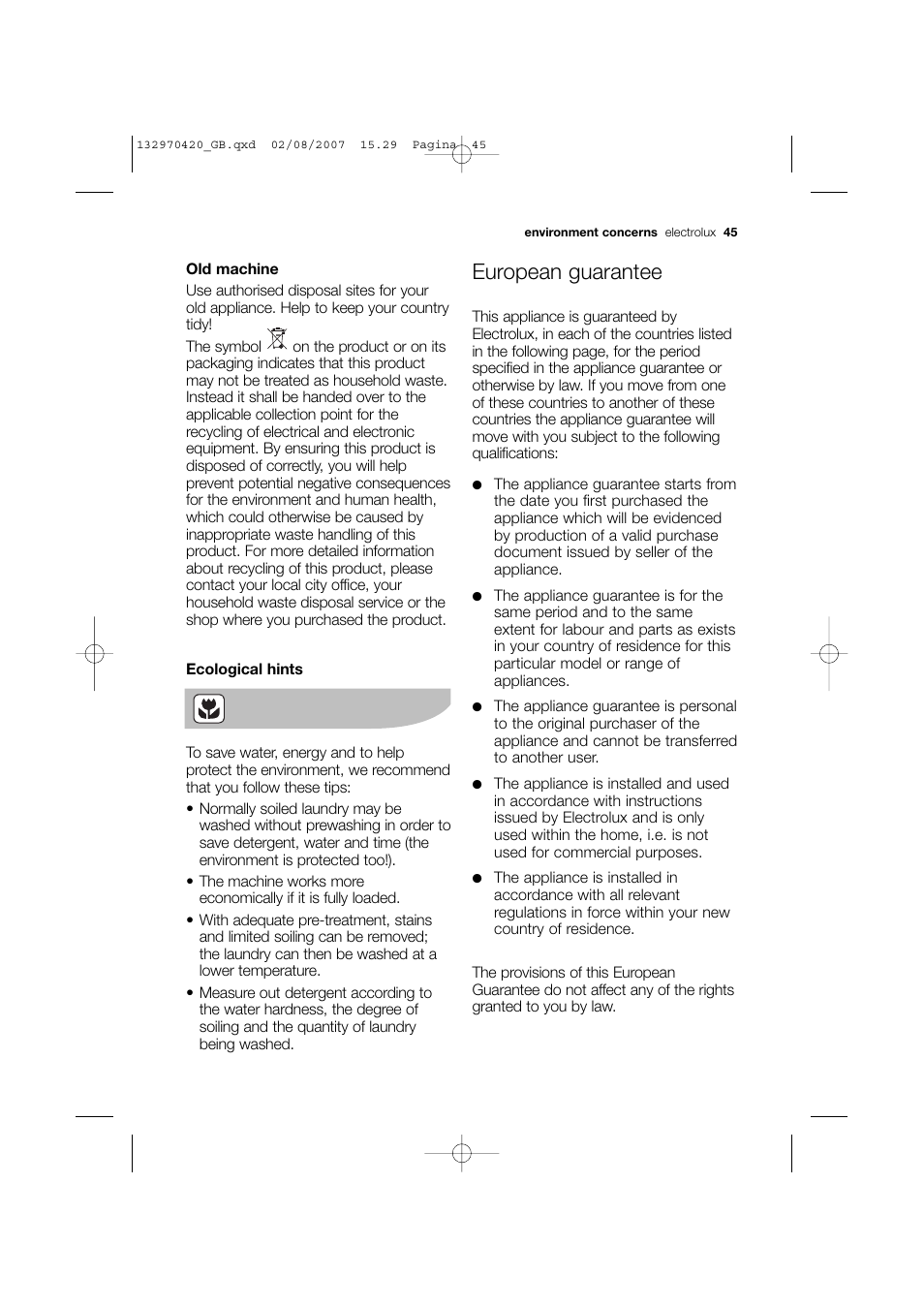 European guarantee | Electrolux EWW 12480 W User Manual | Page 45 / 96