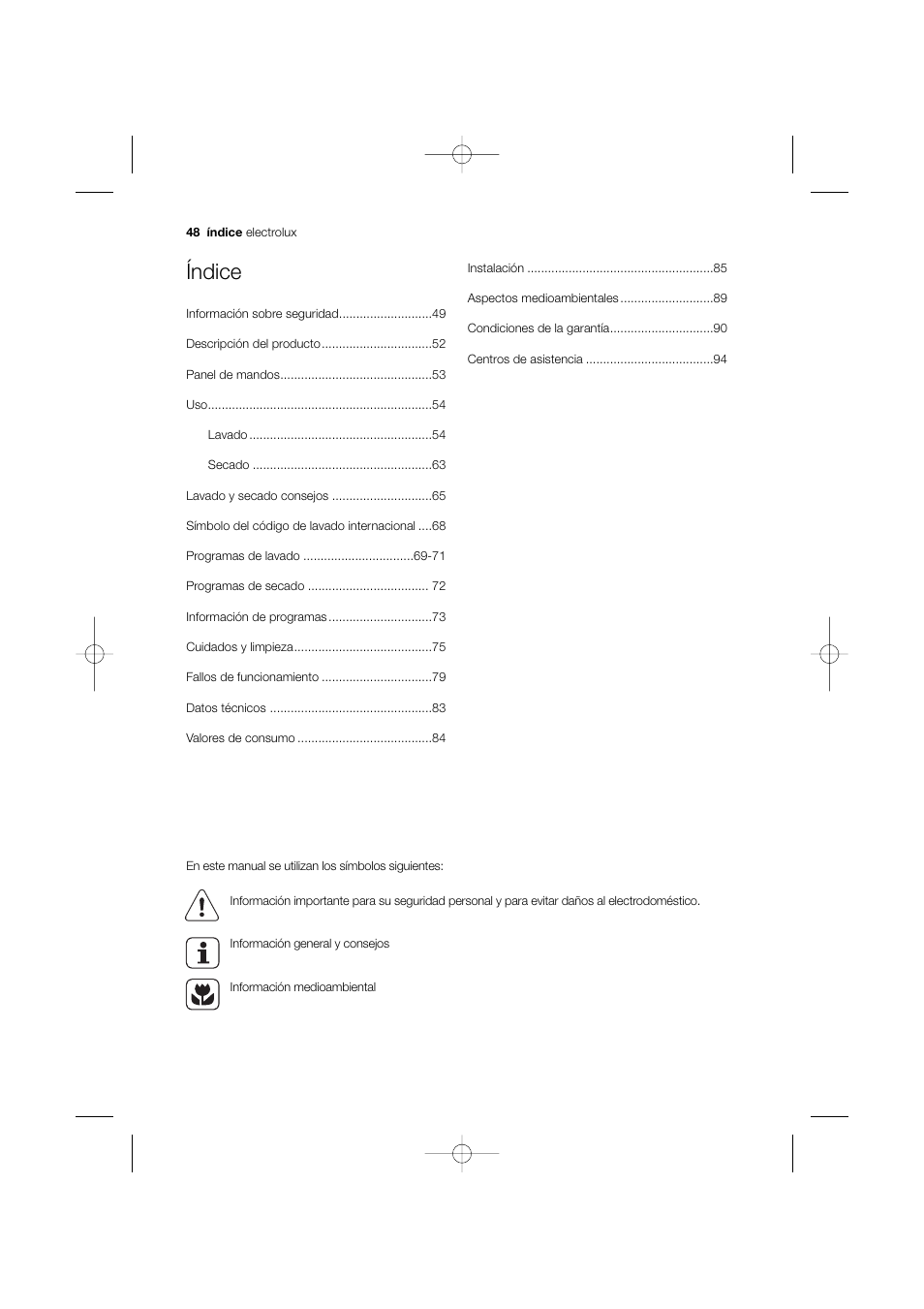 Índice | Electrolux EWW 12480 W User Manual | Page 48 / 96