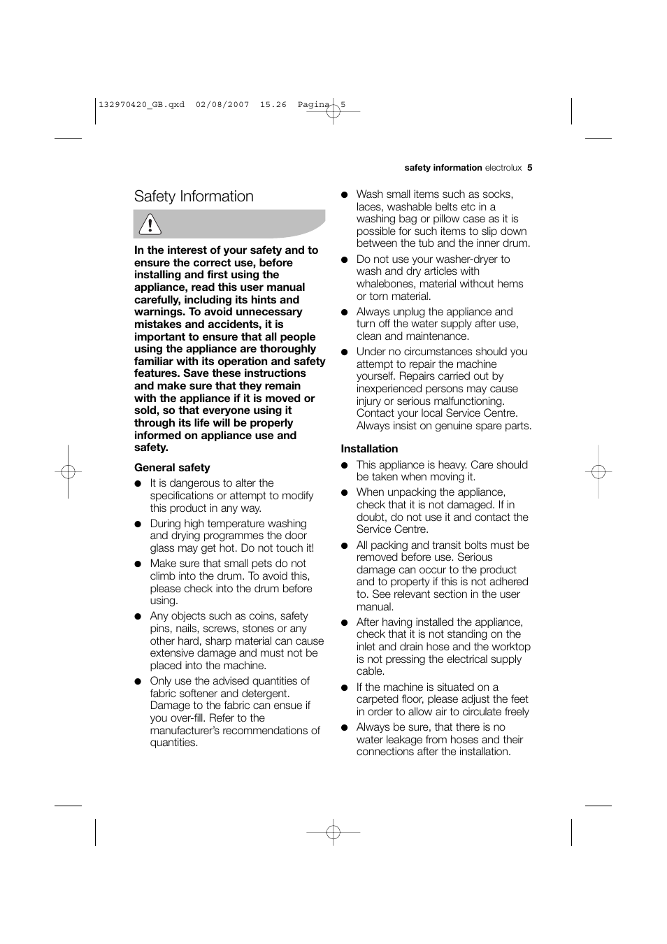 Safety information | Electrolux EWW 12480 W User Manual | Page 5 / 96