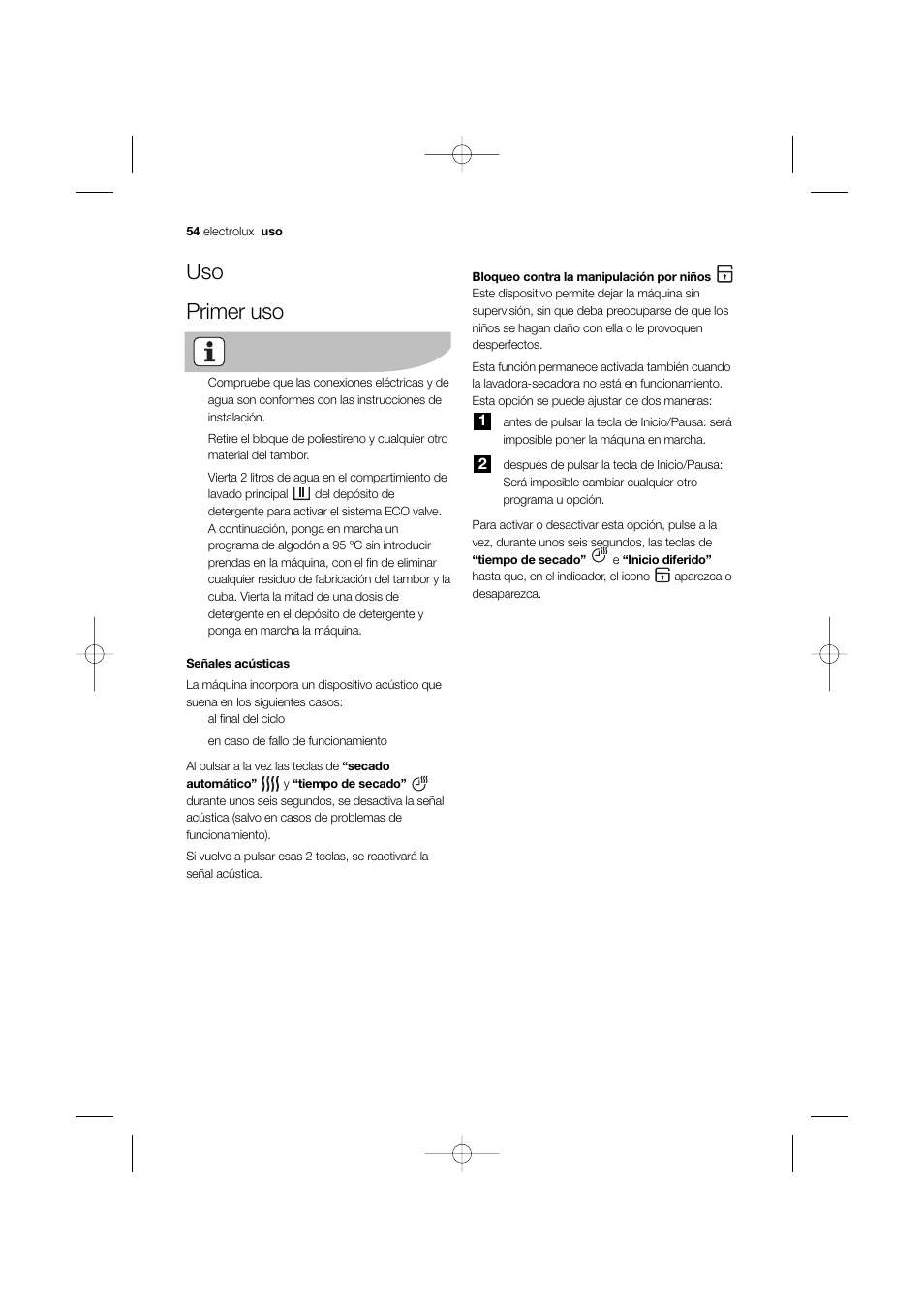 Uso primer uso | Electrolux EWW 12480 W User Manual | Page 54 / 96