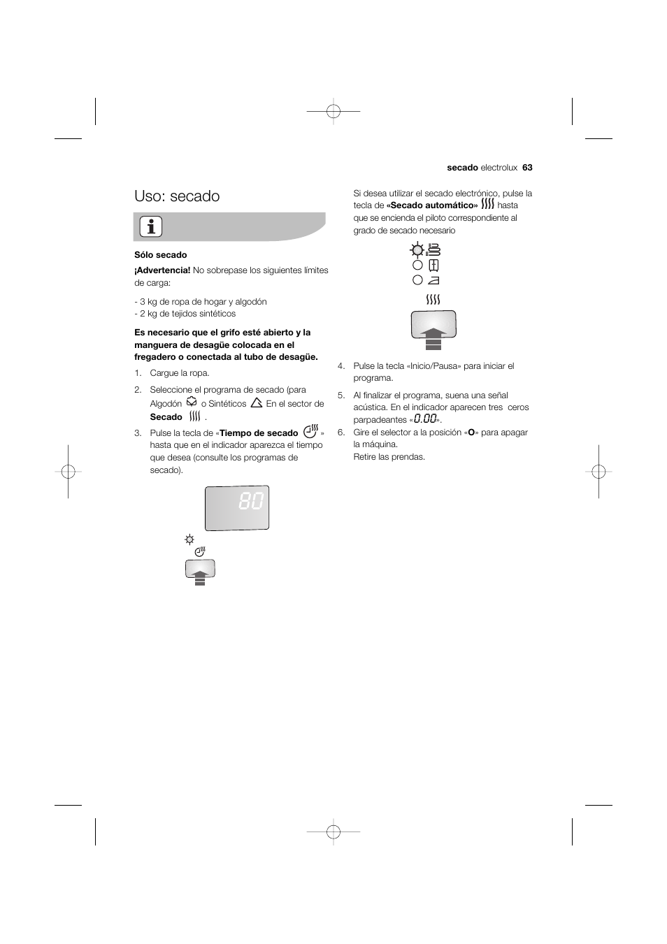 Uso: secado | Electrolux EWW 12480 W User Manual | Page 63 / 96