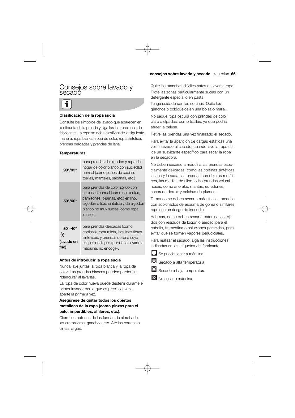 Consejos sobre lavado y secado | Electrolux EWW 12480 W User Manual | Page 65 / 96