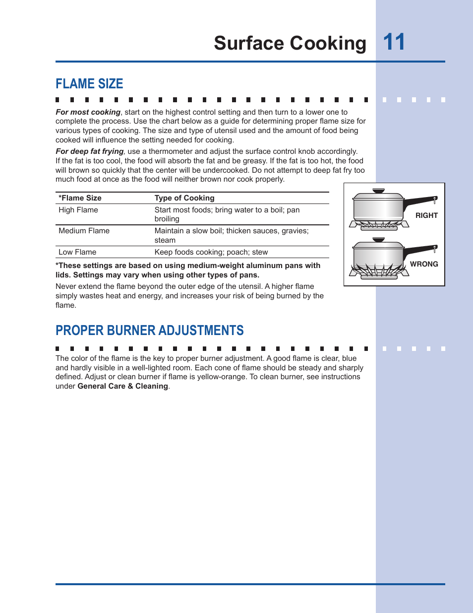 Surface cooking, Flame size, Proper burner adjustments | Electrolux 318 203 667 User Manual | Page 11 / 20