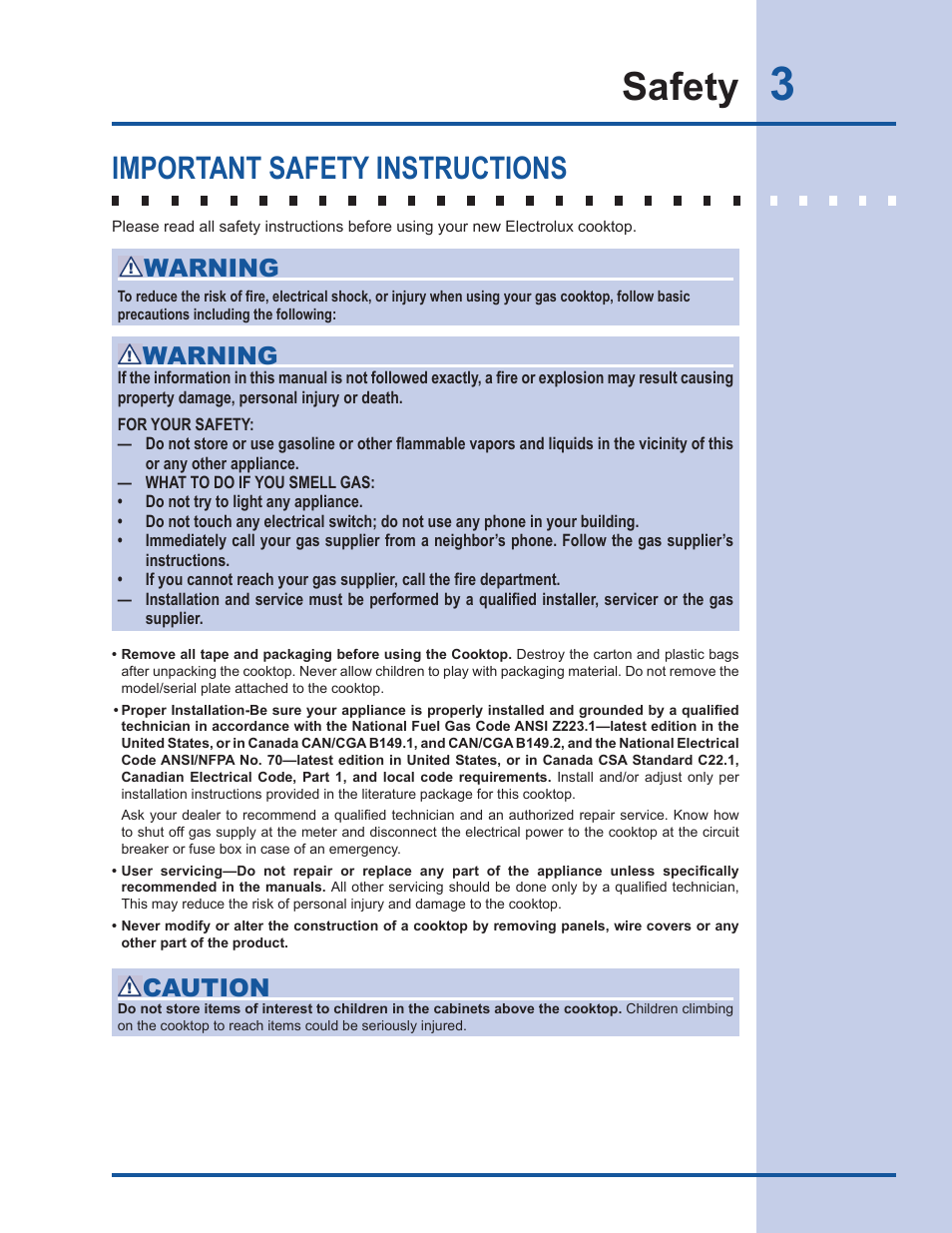 Safety, Important safety instructions, Warning | Caution | Electrolux 318 203 667 User Manual | Page 3 / 20