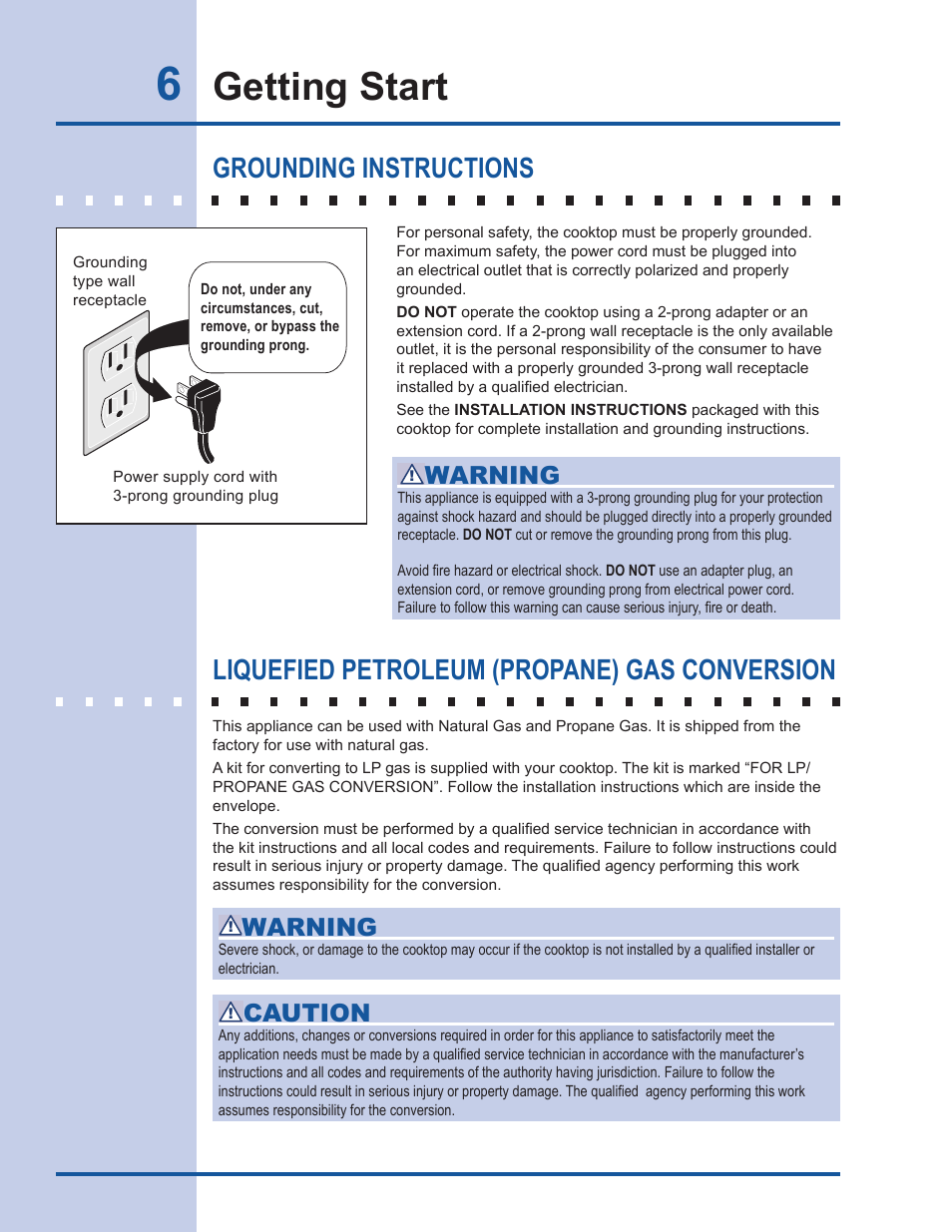 Getting start, Liquefied petroleum (propane) gas conversion, Grounding instructions | Warning, Caution | Electrolux 318 203 667 User Manual | Page 6 / 20