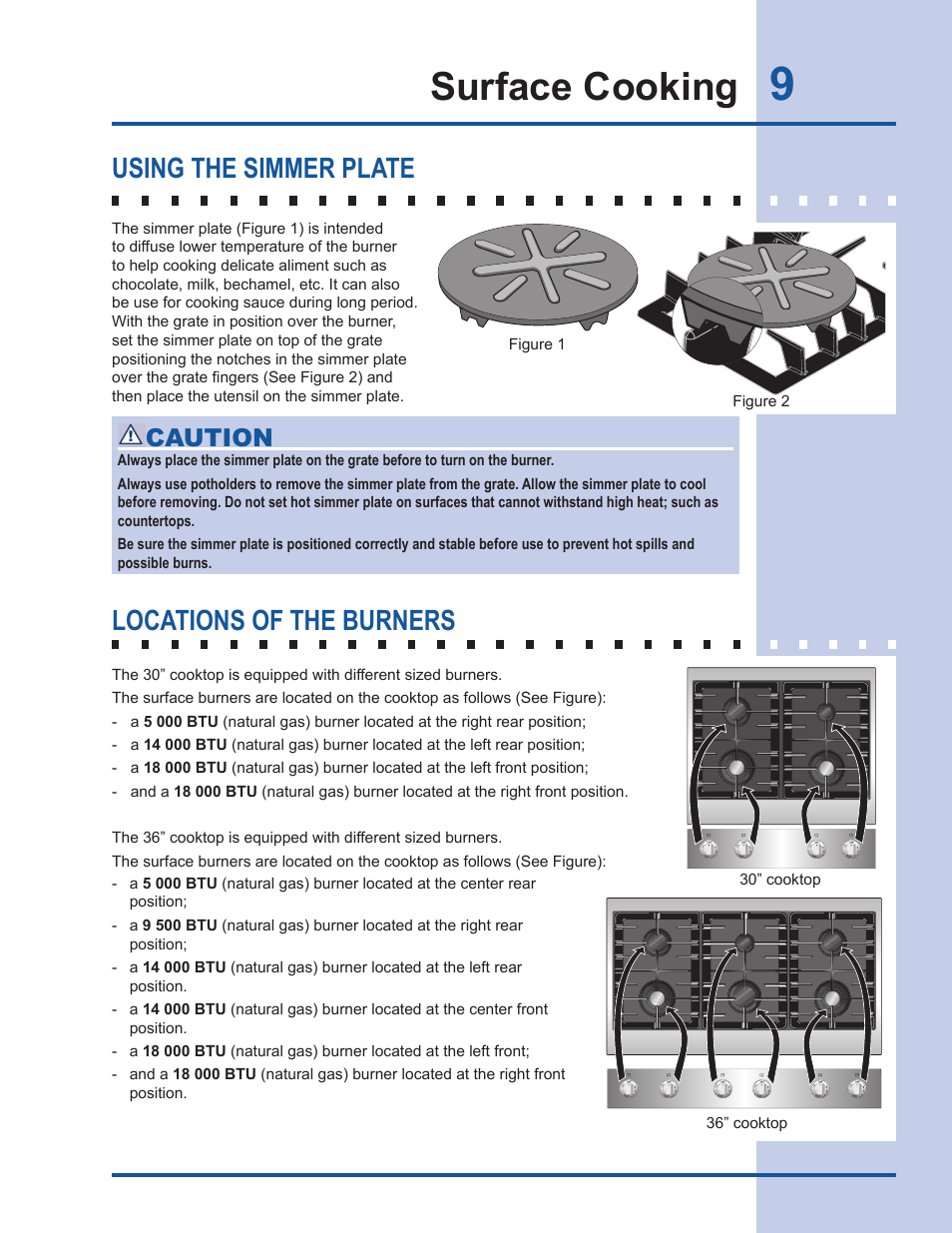 Surface cooking, Using the simmer plate locations of the burners, Caution | Electrolux 318 203 667 User Manual | Page 9 / 20