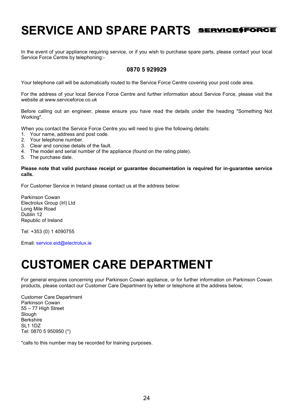 Service and spare parts, Customer care department | Electrolux CSM 559 User Manual | Page 24 / 36