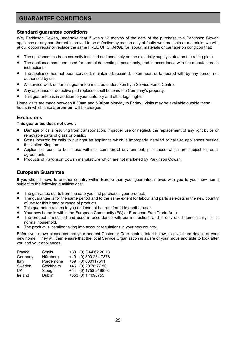 Guarantee conditions | Electrolux CSM 559 User Manual | Page 25 / 36