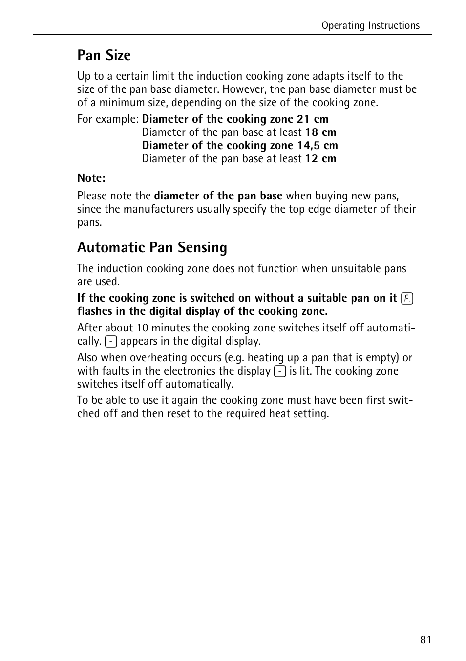 Pan size, Automatic pan sensing | Electrolux C68000K User Manual | Page 13 / 38