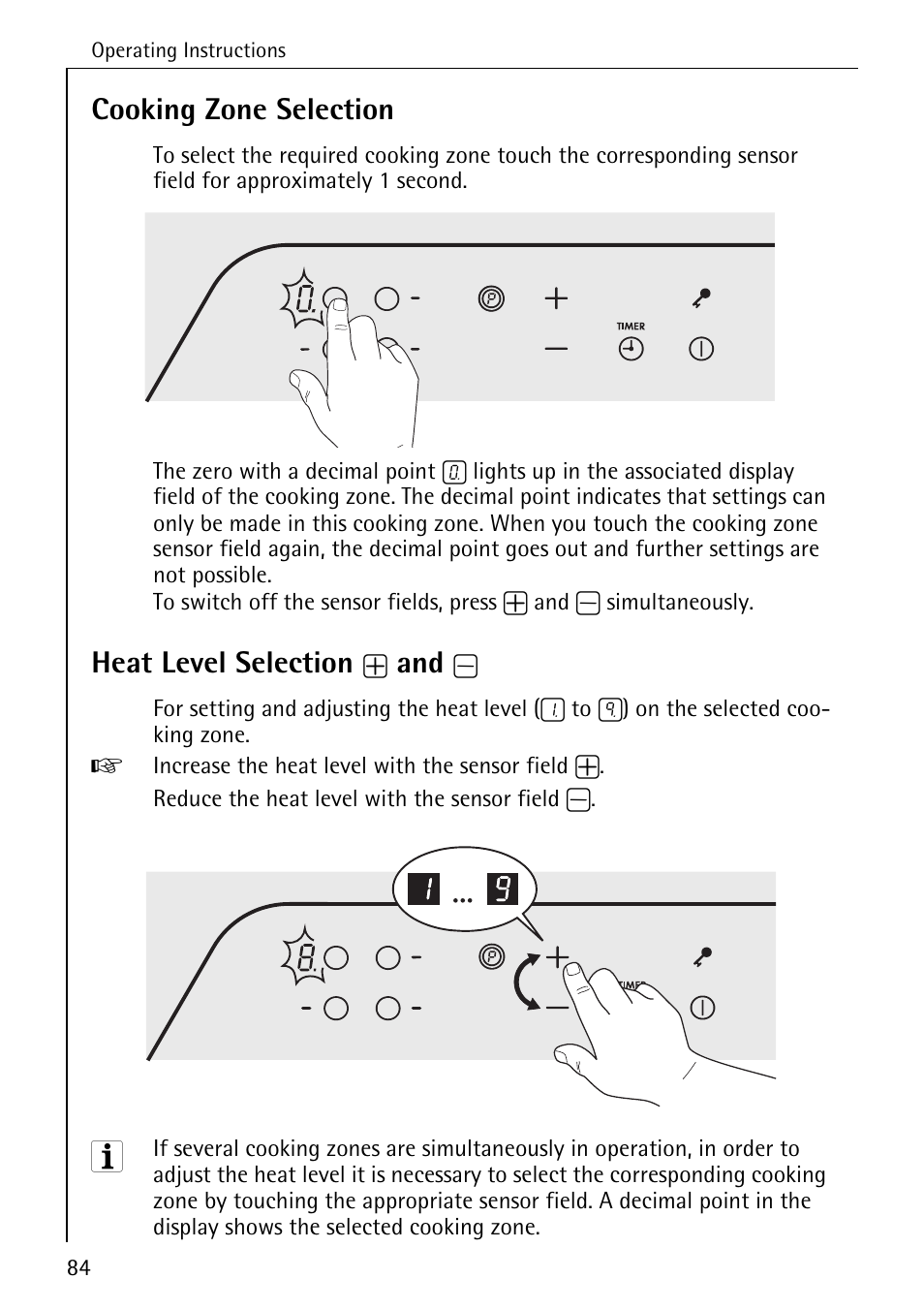 Cooking zone selection, Heat level selection | Electrolux C68000K User Manual | Page 16 / 38