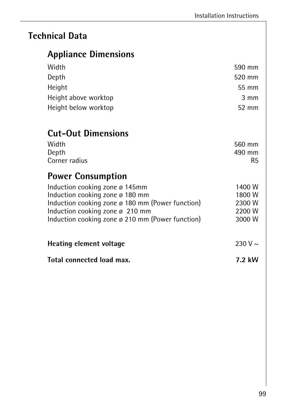 Technical data appliance dimensions, Cut-out dimensions, Power consumption | Electrolux C68000K User Manual | Page 31 / 38