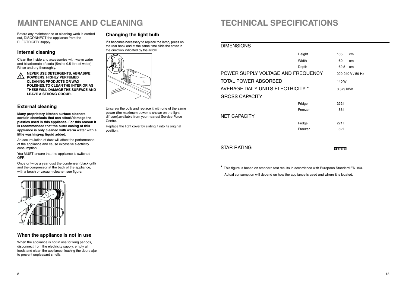 Maintenance and cleaning, Technical specifications | Electrolux ERB 3225 X User Manual | Page 13 / 17