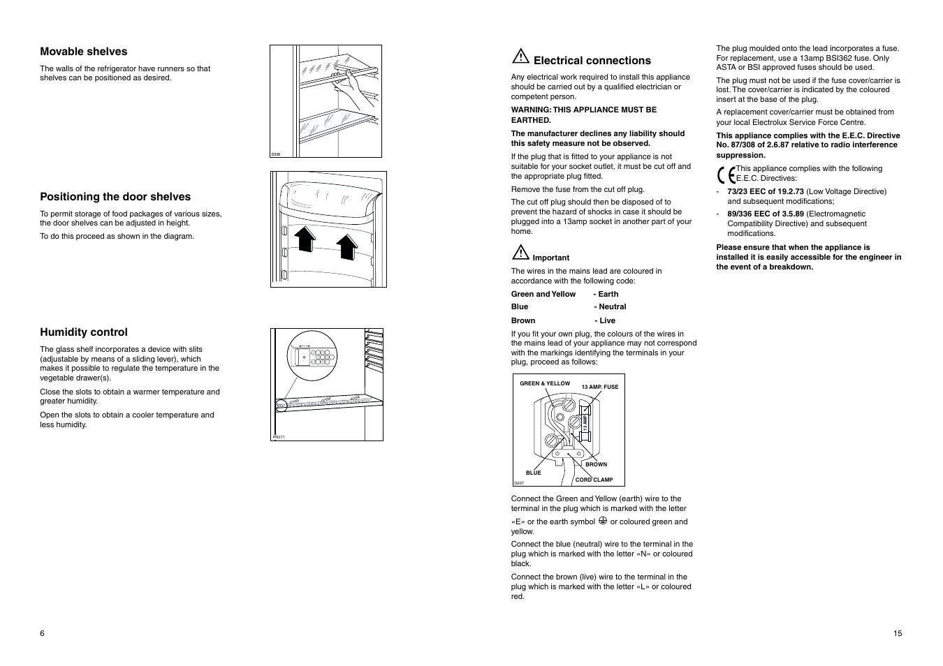 Movable shelves, Positioning the door shelves, Humidity control | Electrical connections | Electrolux ERB 3225 X User Manual | Page 15 / 17