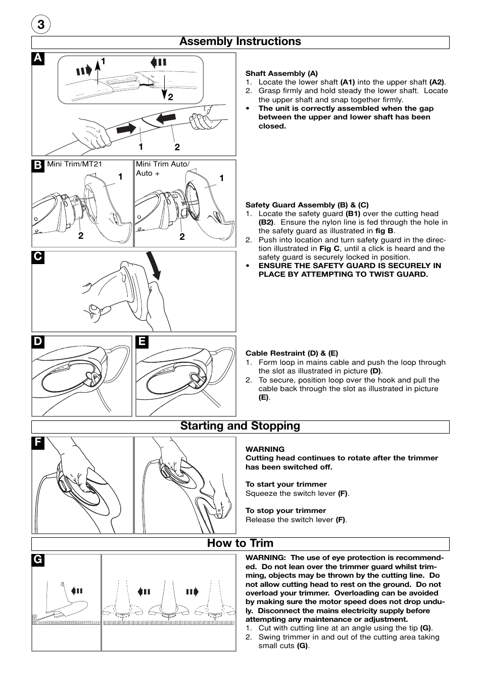 Assembly instructions, Starting and stopping, How to trim | De f | Electrolux Mini Trim MT21 User Manual | Page 4 / 8