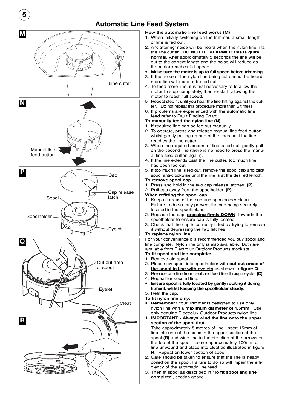 Automatic line feed system, Mn p q r | Electrolux Mini Trim MT21 User Manual | Page 6 / 8