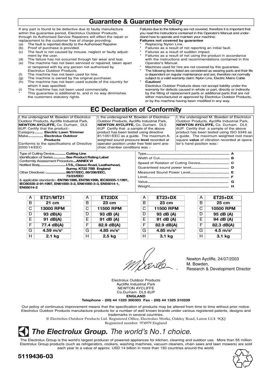 Guarantee & guarantee policy, Ec declaration of conformity, The electrolux group. the world’s no.1 choice | Electrolux Mini Trim MT21 User Manual | Page 8 / 8