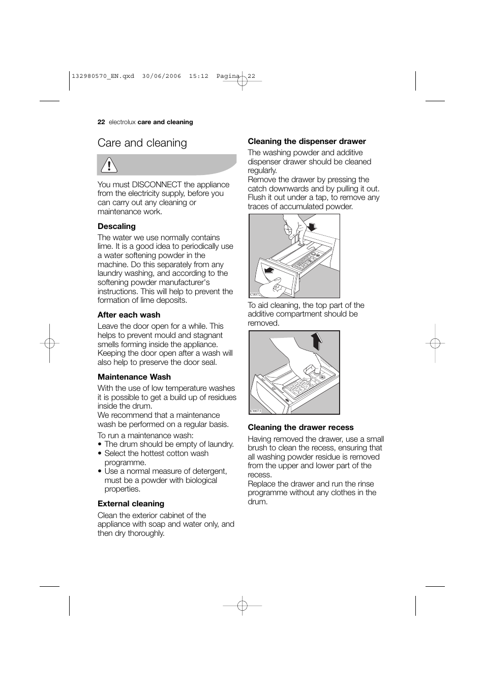 Care and cleaning | Electrolux EWF 12040 User Manual | Page 22 / 40