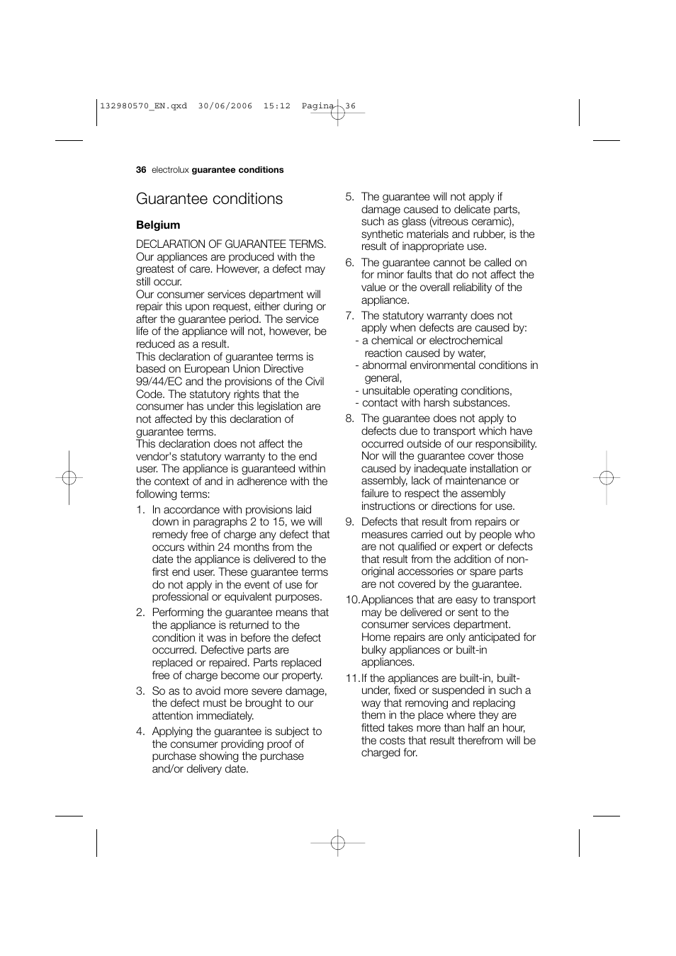 Guarantee conditions | Electrolux EWF 12040 User Manual | Page 36 / 40