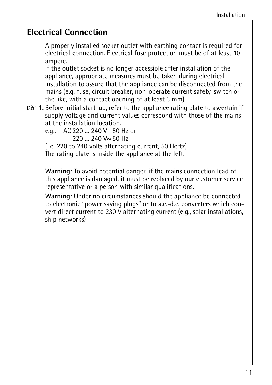 Electrical connection | Electrolux ARCTIS No-frost (frost free) User Manual | Page 11 / 40