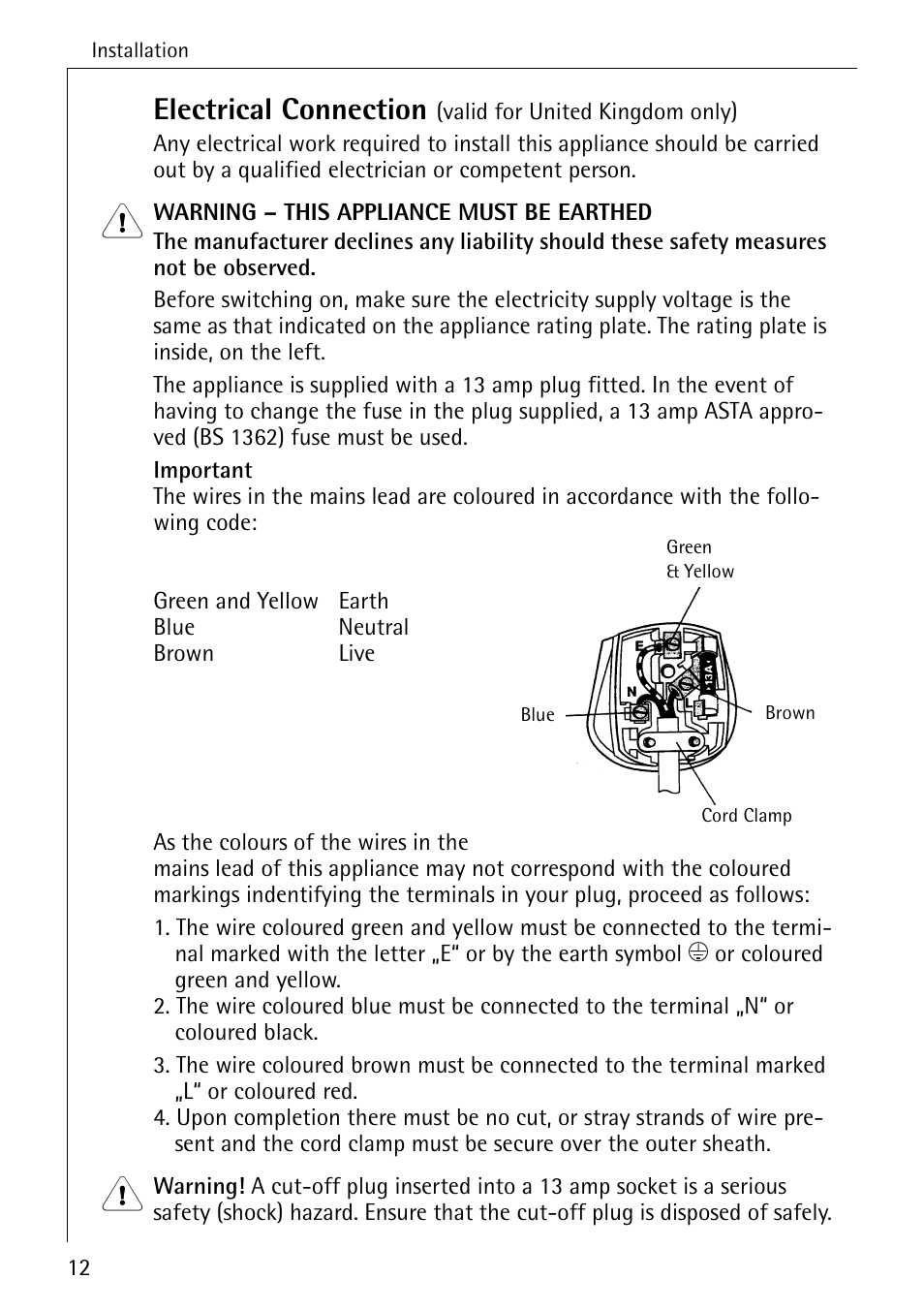 Electrical connection | Electrolux ARCTIS No-frost (frost free) User Manual | Page 12 / 40