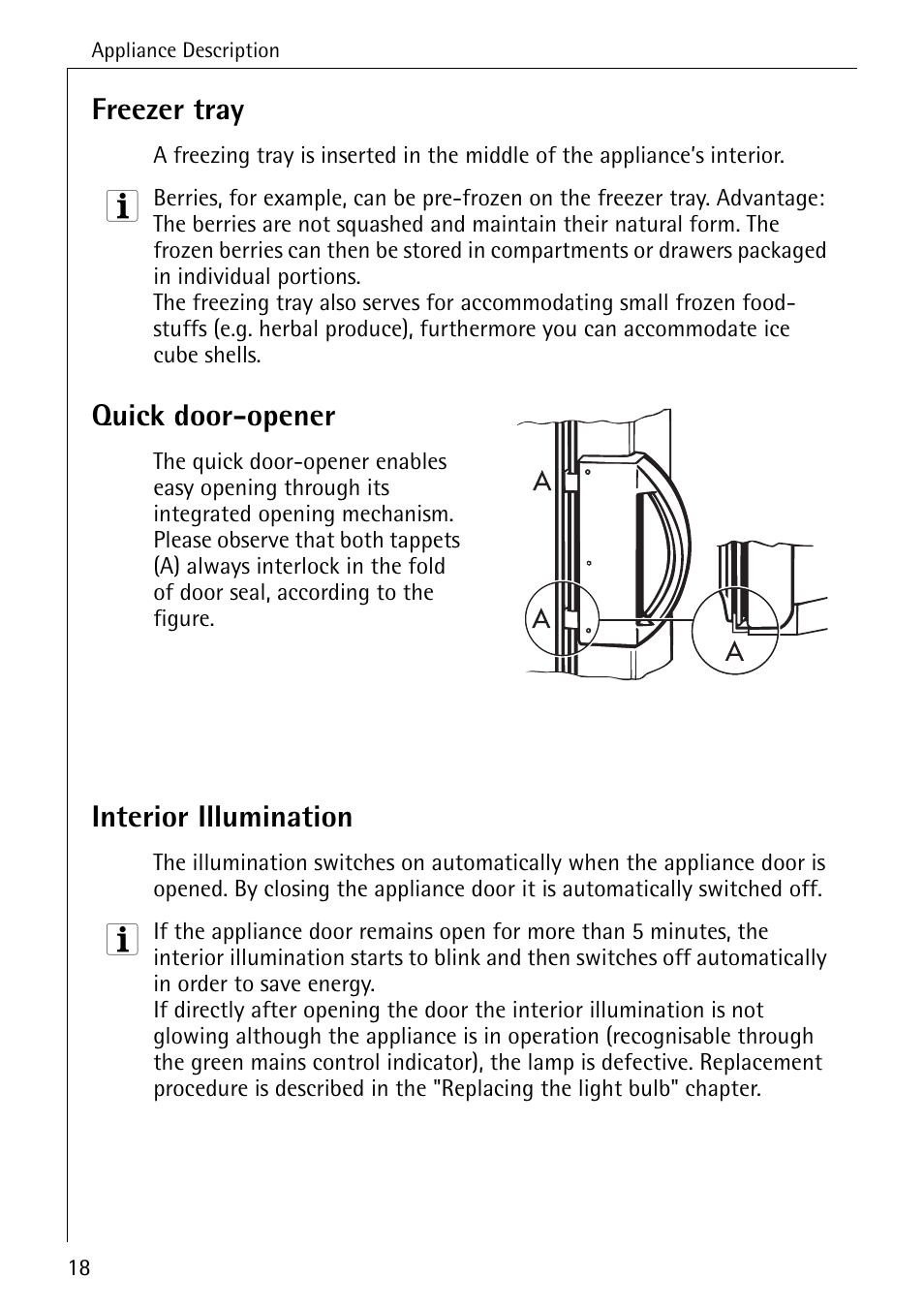 Freezer tray, Quick door-opener, Interior illumination | Electrolux ARCTIS No-frost (frost free) User Manual | Page 18 / 40