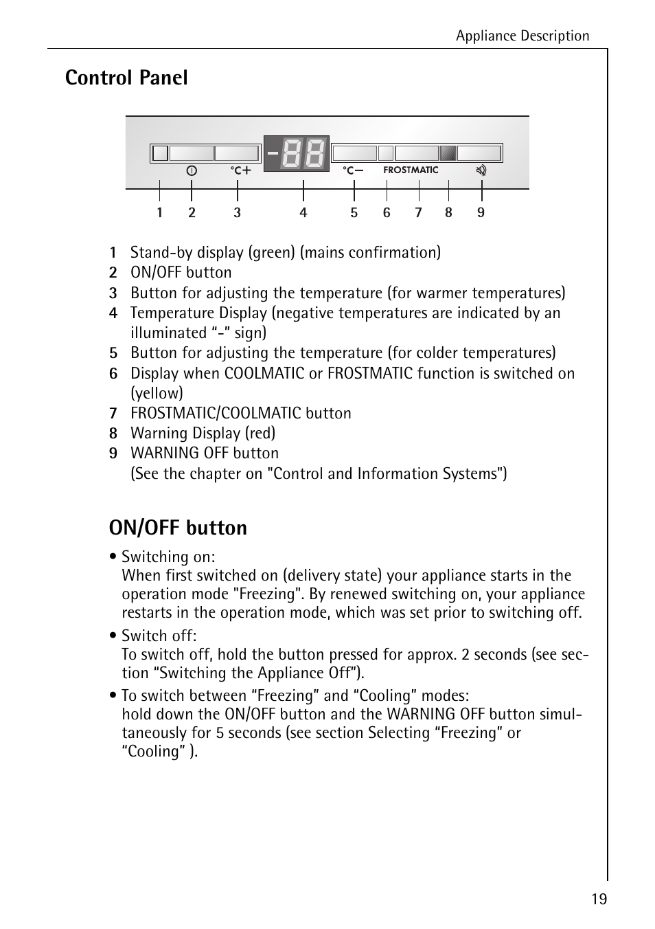 Control panel, On/off button | Electrolux ARCTIS No-frost (frost free) User Manual | Page 19 / 40