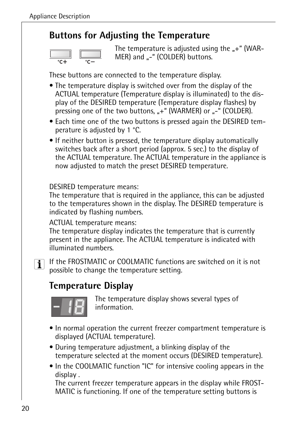 Buttons for adjusting the temperature, Temperature display | Electrolux ARCTIS No-frost (frost free) User Manual | Page 20 / 40