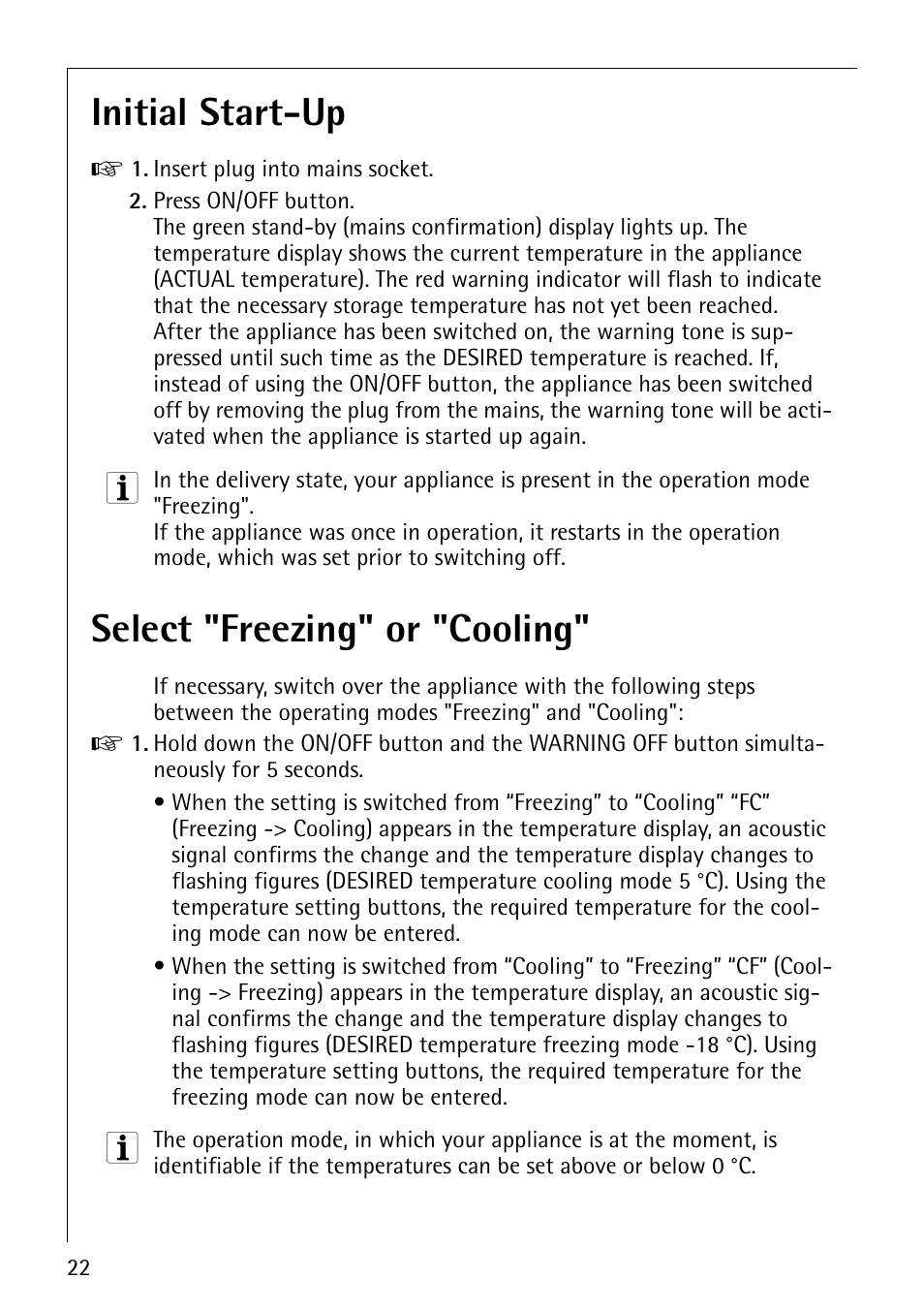 Initial start-up, Select "freezing" or "cooling | Electrolux ARCTIS No-frost (frost free) User Manual | Page 22 / 40