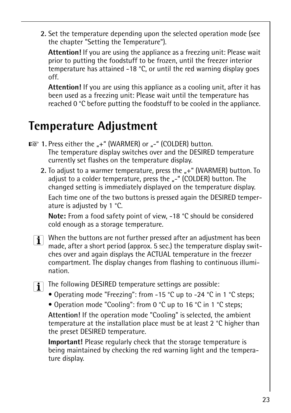 Temperature adjustment | Electrolux ARCTIS No-frost (frost free) User Manual | Page 23 / 40