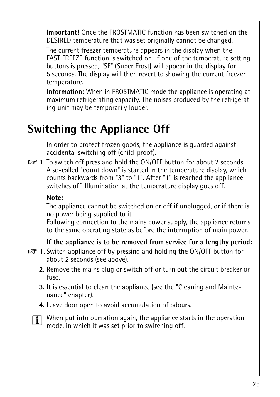 Switching the appliance off | Electrolux ARCTIS No-frost (frost free) User Manual | Page 25 / 40