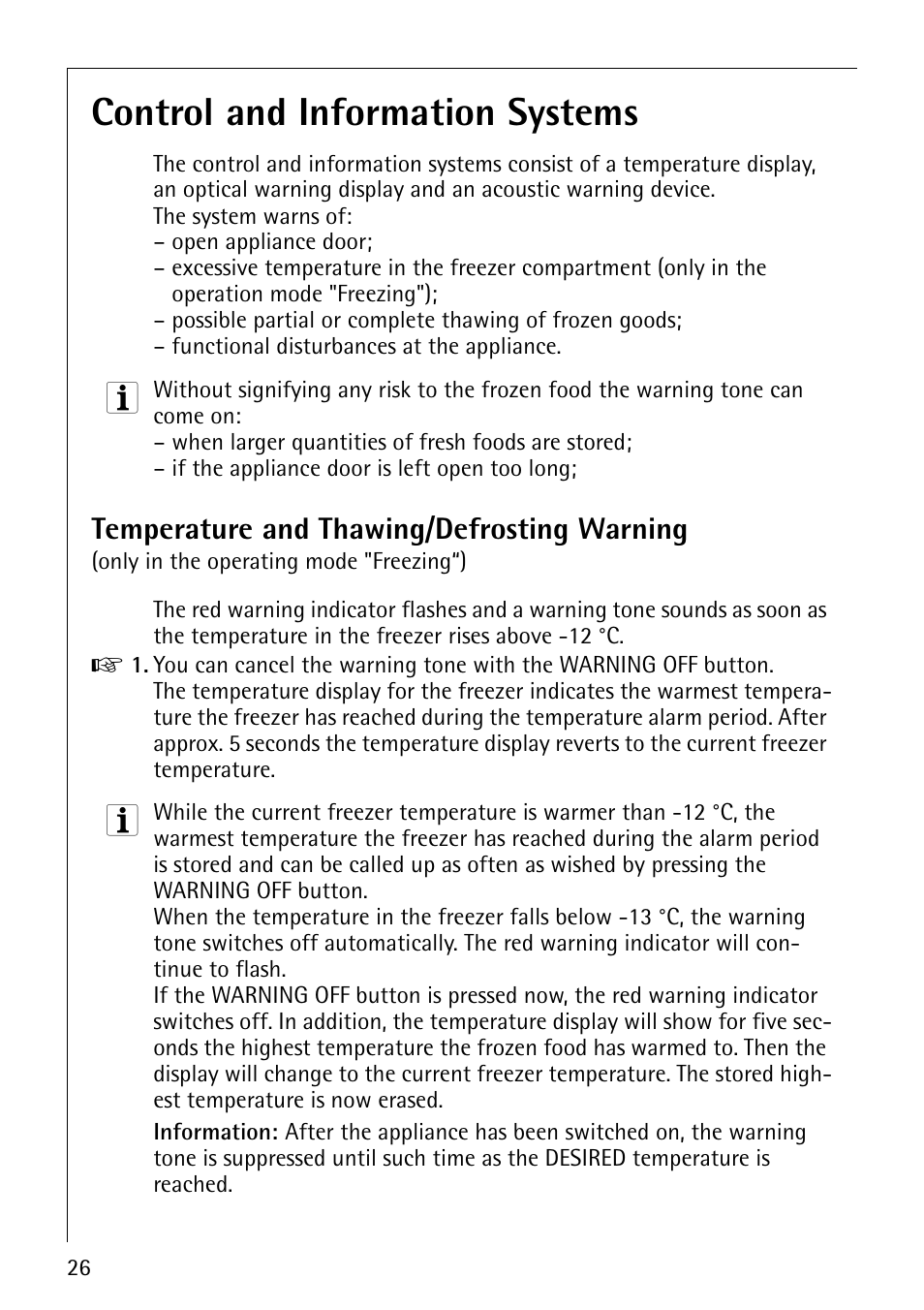 Control and information systems, Temperature and thawing/defrosting warning | Electrolux ARCTIS No-frost (frost free) User Manual | Page 26 / 40