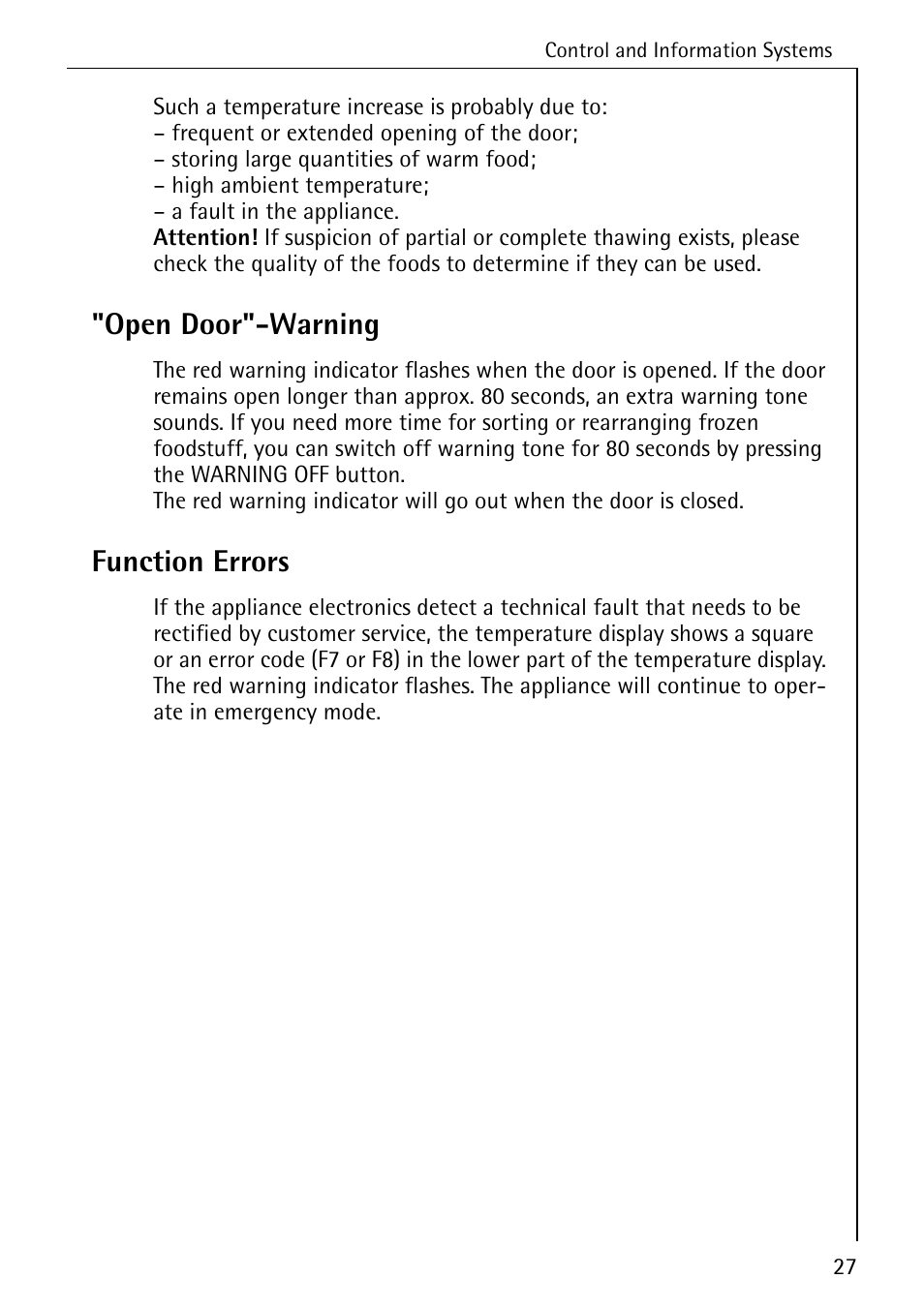 Open door"-warning, Function errors | Electrolux ARCTIS No-frost (frost free) User Manual | Page 27 / 40