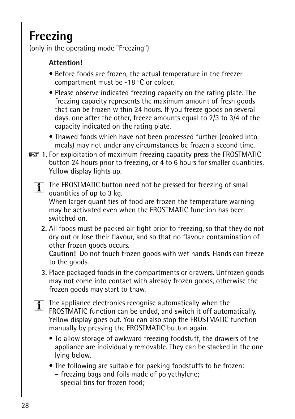 Freezing | Electrolux ARCTIS No-frost (frost free) User Manual | Page 28 / 40