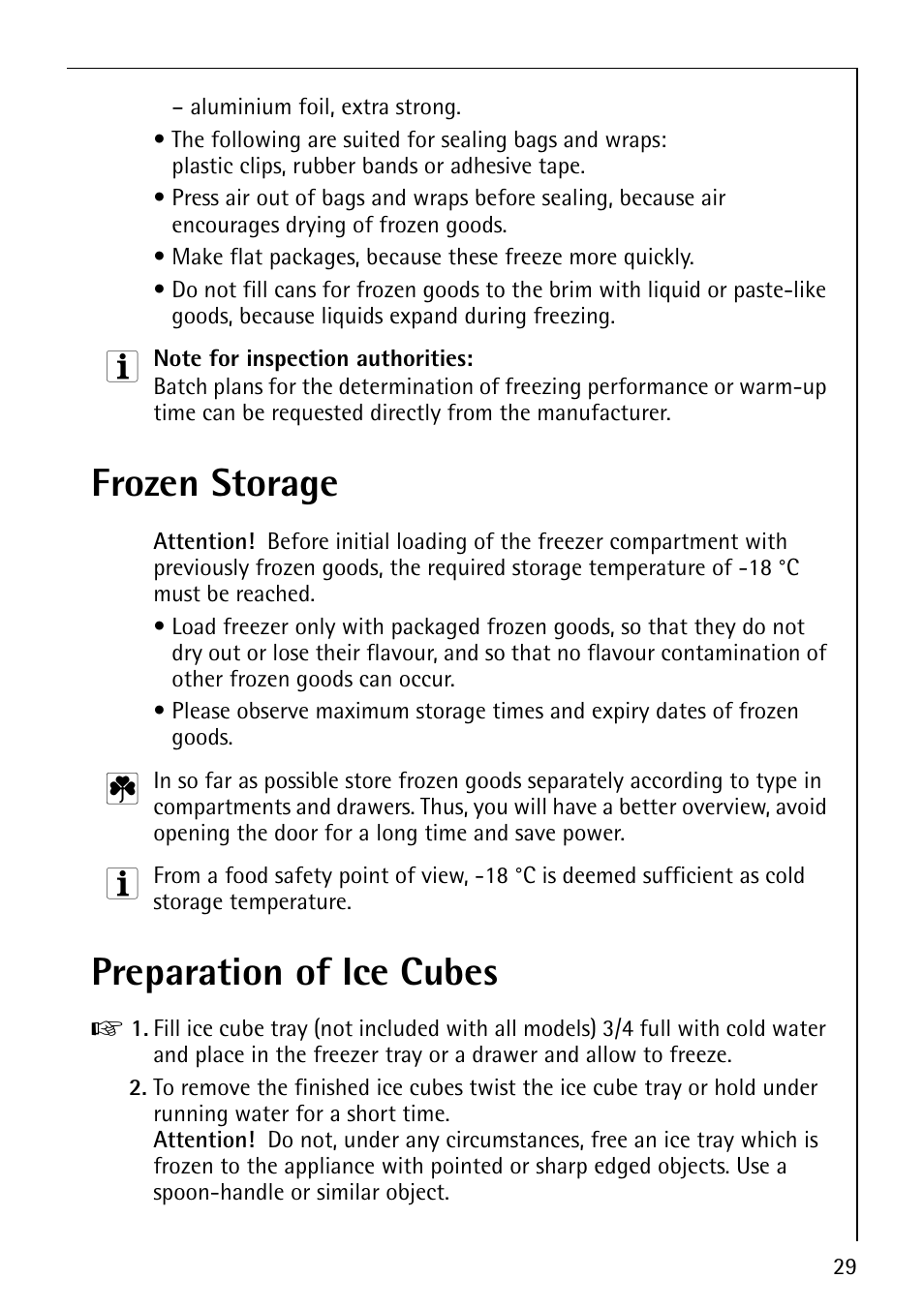 Frozen storage, Preparation of ice cubes | Electrolux ARCTIS No-frost (frost free) User Manual | Page 29 / 40