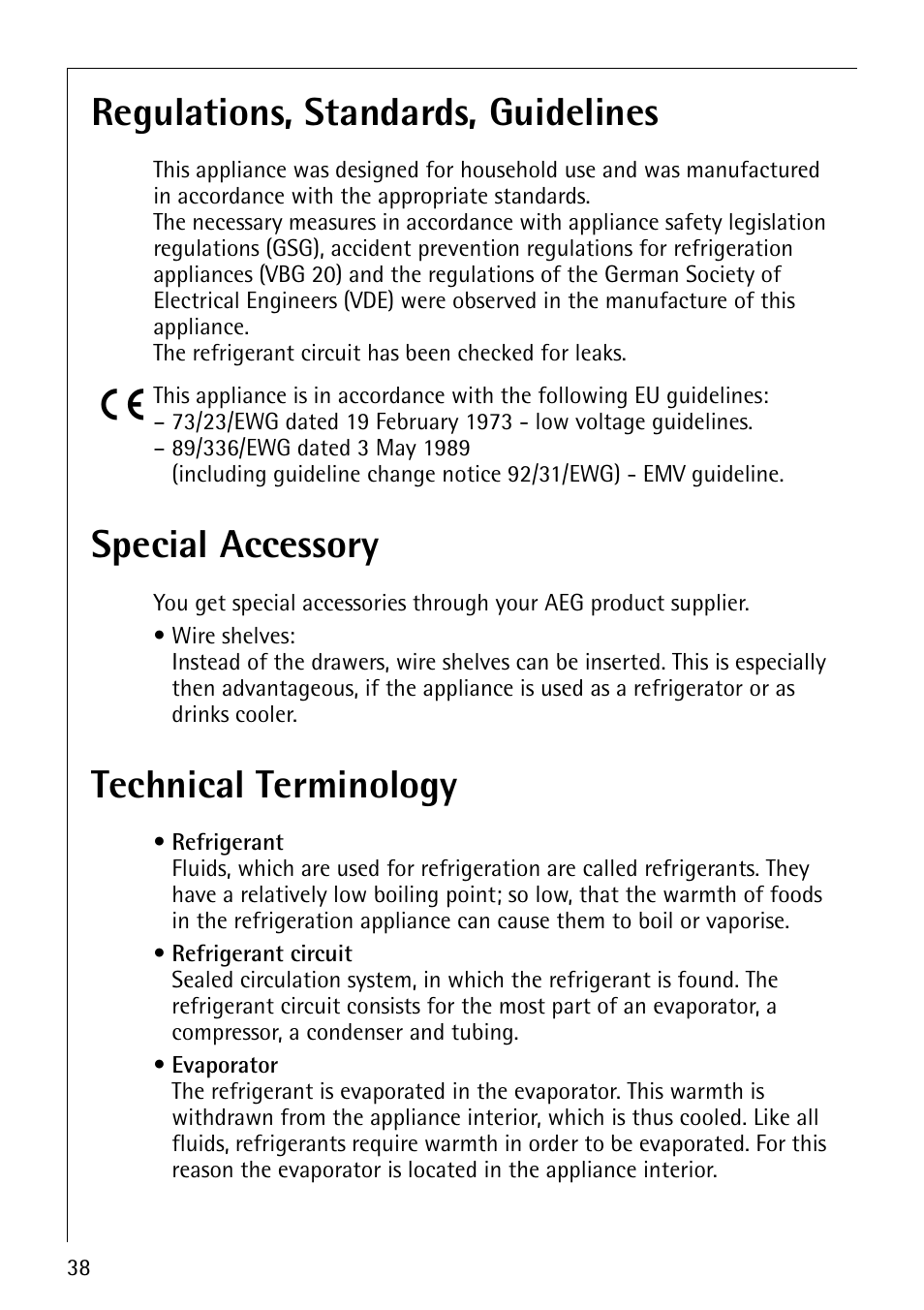 Regulations, standards, guidelines, Special accessory, Technical terminology | Electrolux ARCTIS No-frost (frost free) User Manual | Page 38 / 40