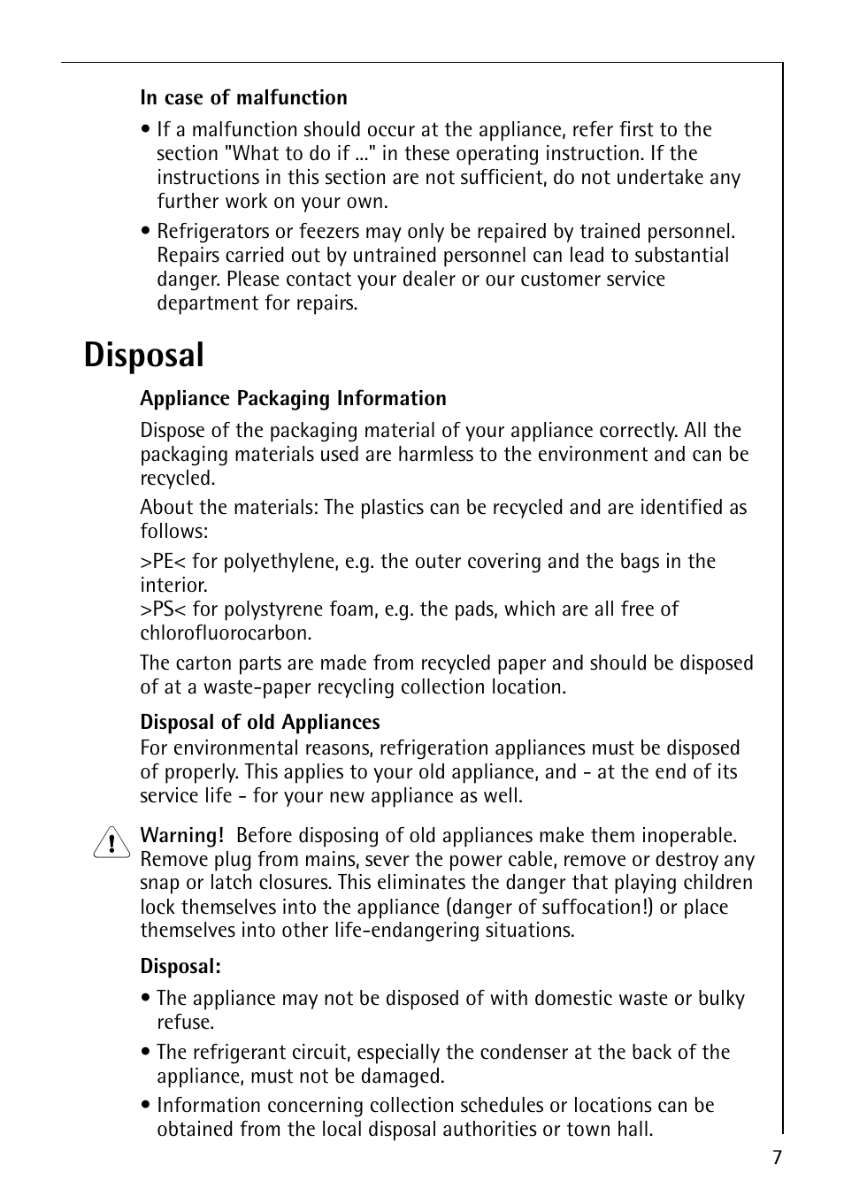 Disposal | Electrolux ARCTIS No-frost (frost free) User Manual | Page 7 / 40