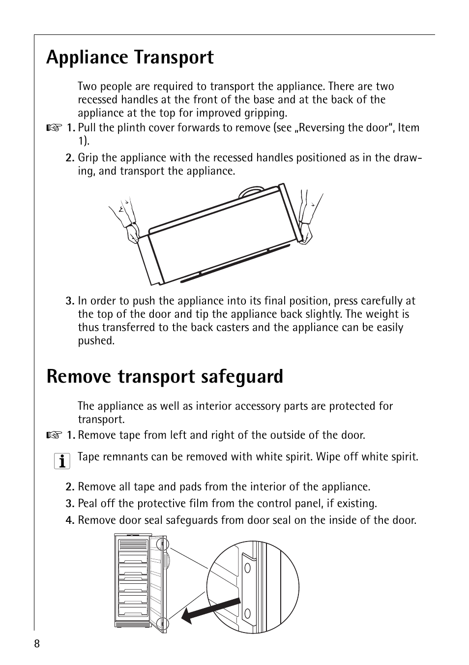 Appliance transport, Remove transport safeguard | Electrolux ARCTIS No-frost (frost free) User Manual | Page 8 / 40