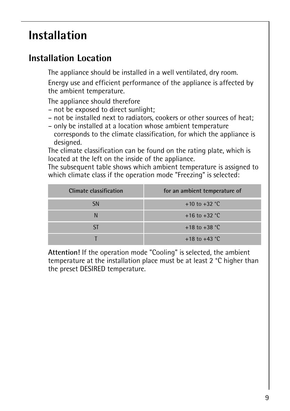 Installation, Installation location | Electrolux ARCTIS No-frost (frost free) User Manual | Page 9 / 40