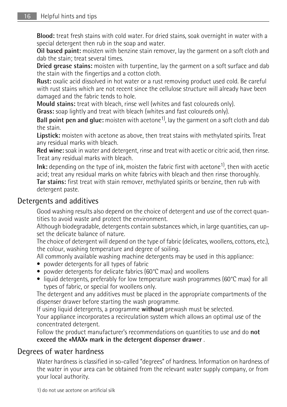 Detergents and additives, Degrees of water hardness | Electrolux L 56840 User Manual | Page 16 / 36