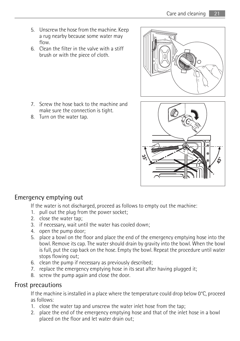 Emergency emptying out, Frost precautions | Electrolux L 56840 User Manual | Page 21 / 36