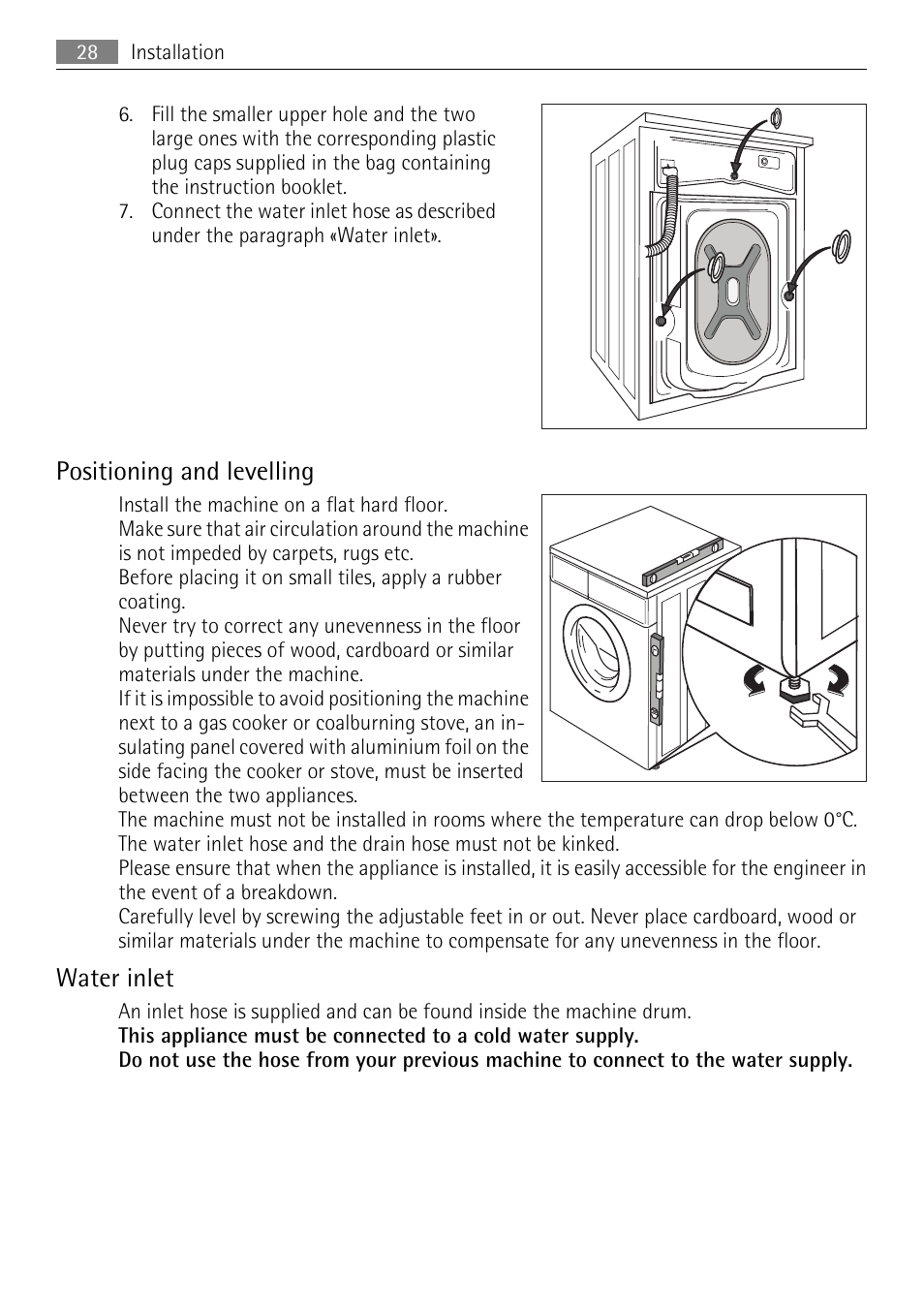 Positioning and levelling, Water inlet | Electrolux L 56840 User Manual | Page 28 / 36