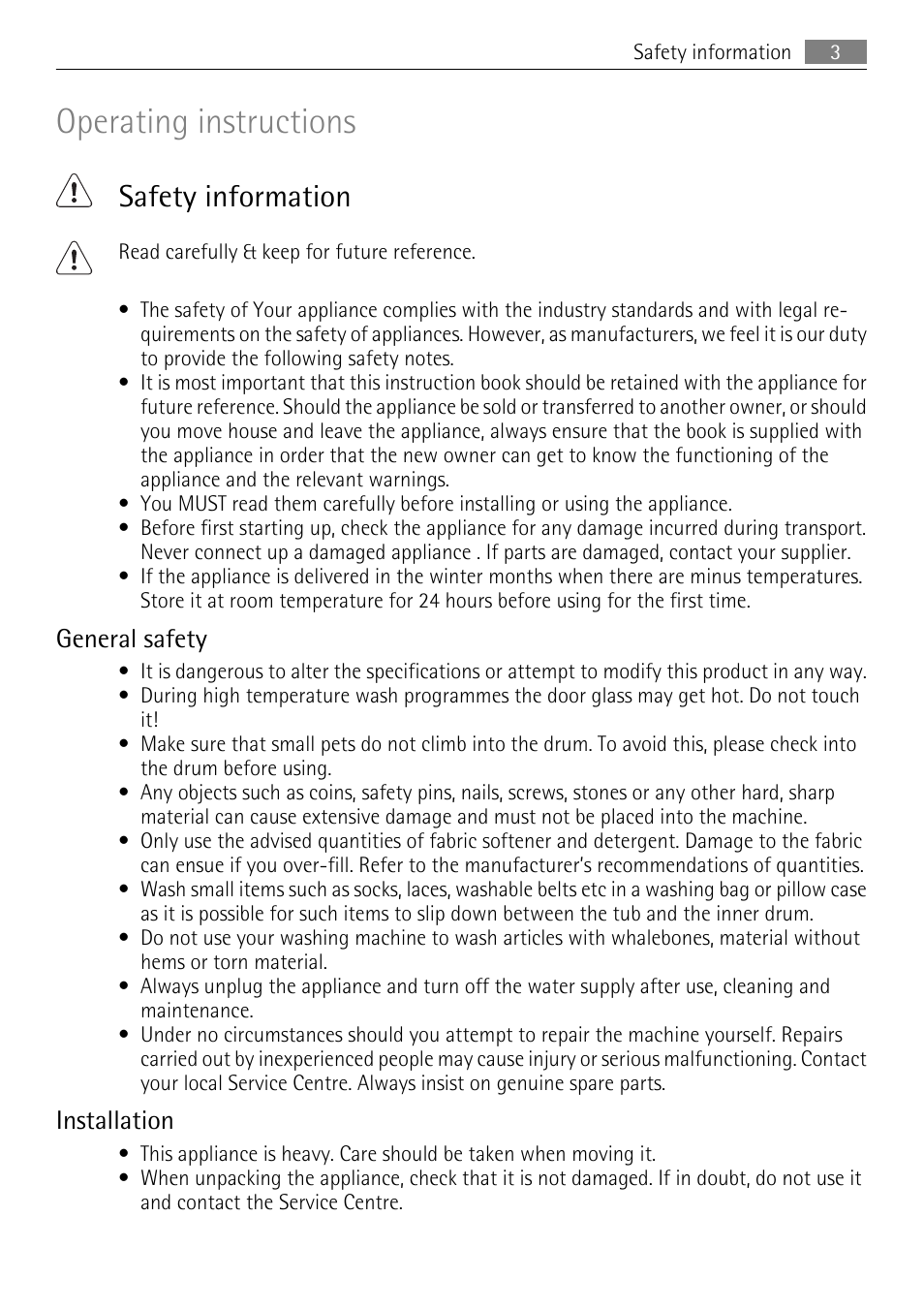 Operating instructions, Safety information, General safety | Installation | Electrolux L 56840 User Manual | Page 3 / 36