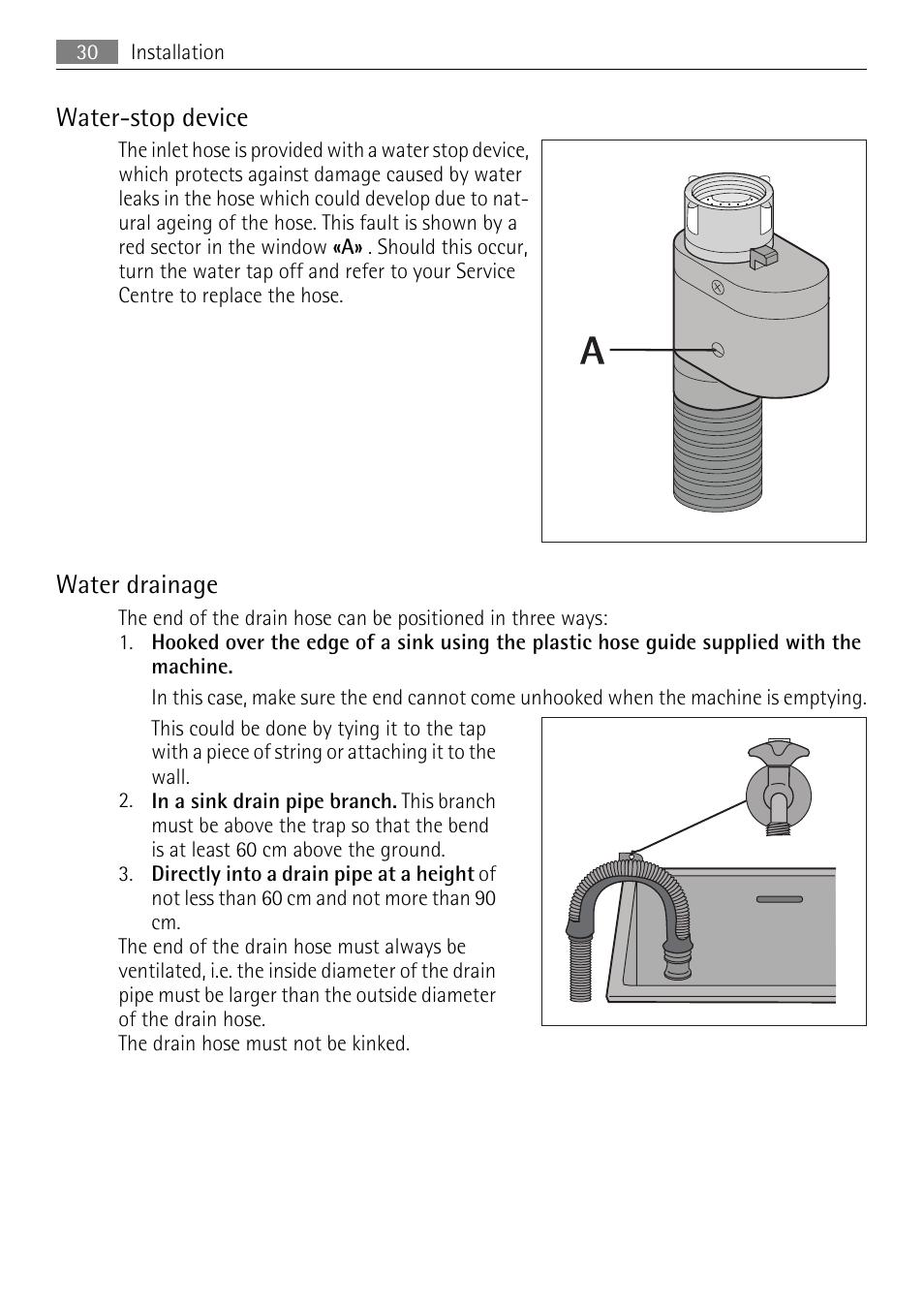 Water-stop device, Water drainage | Electrolux L 56840 User Manual | Page 30 / 36