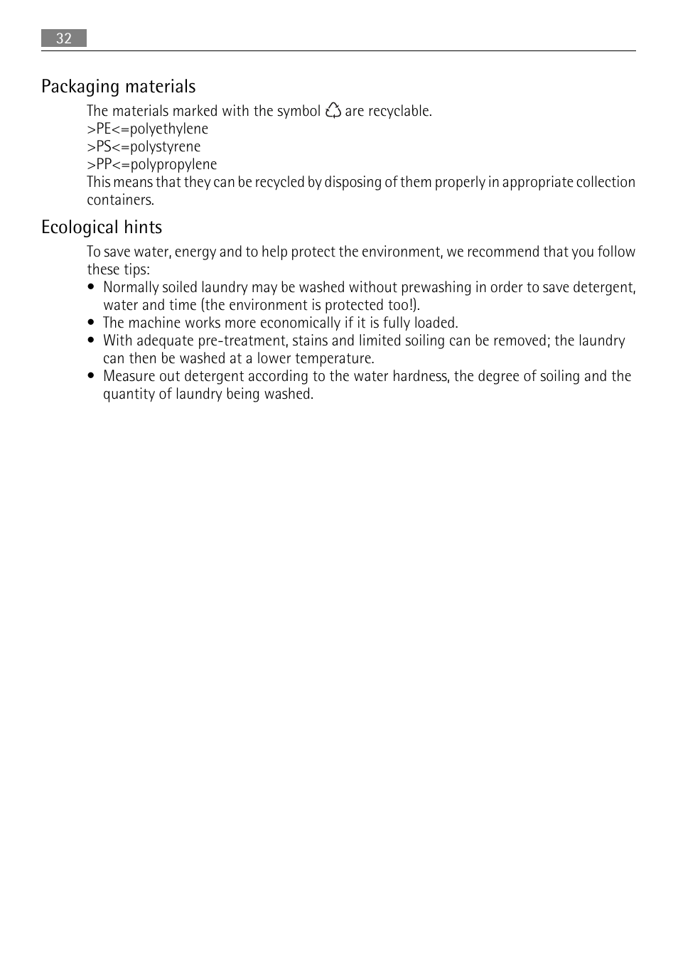 Packaging materials, Ecological hints | Electrolux L 56840 User Manual | Page 32 / 36