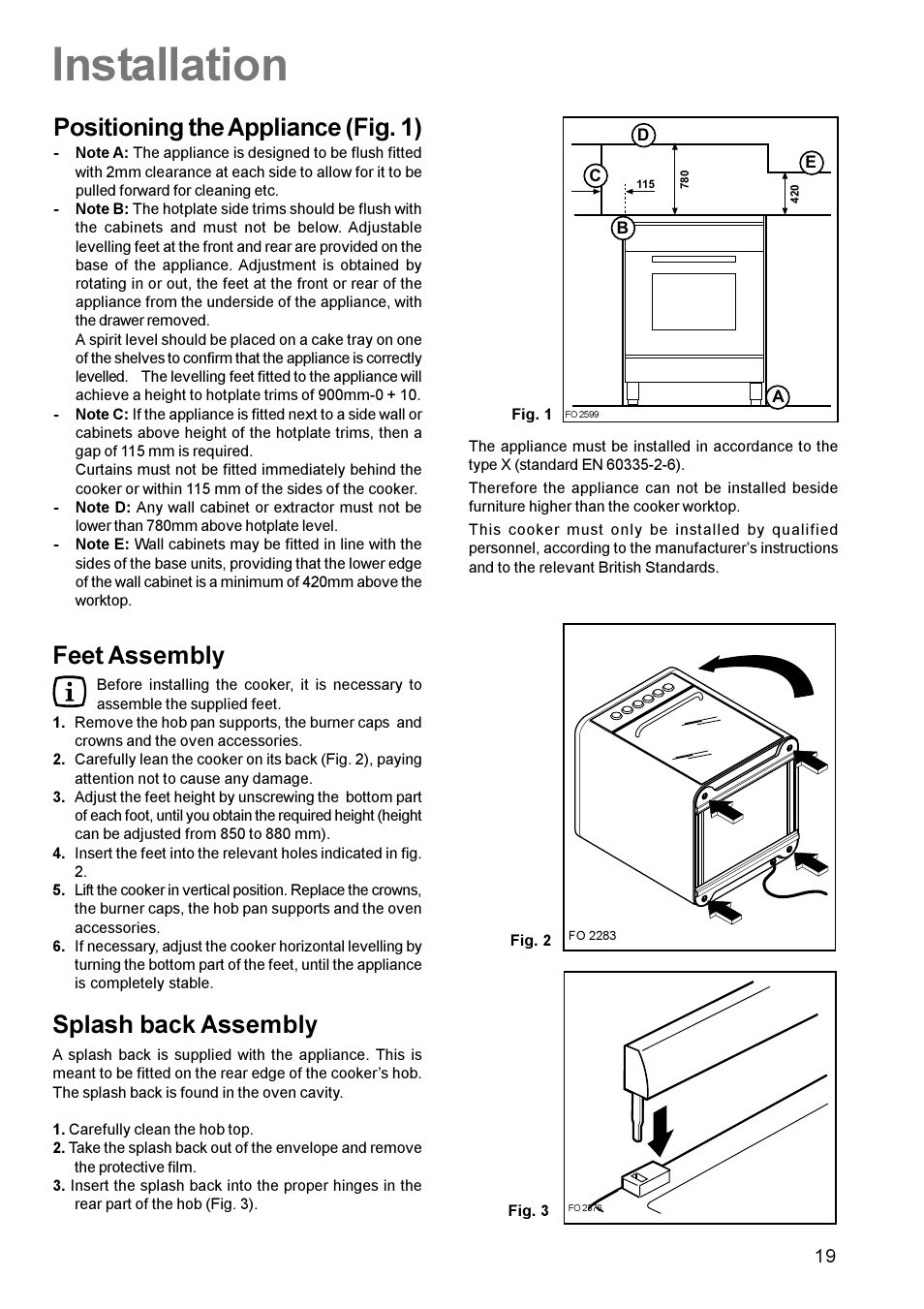 Installation, Positioning the appliance (fig. 1), Feet assembly | Splash back assembly | Electrolux U22062 CSIG 509 User Manual | Page 19 / 24
