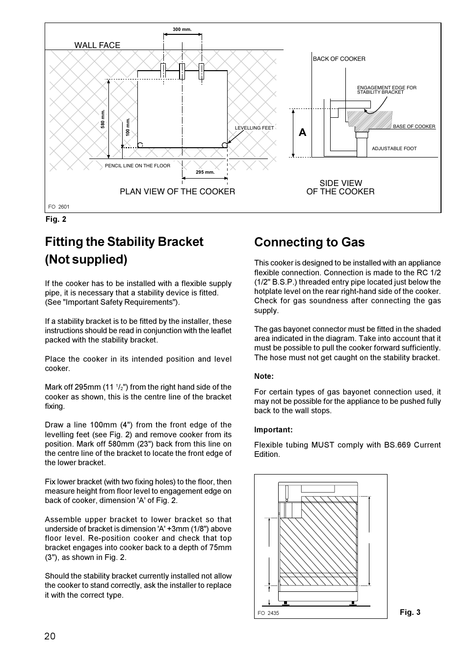 Fitting the stability bracket (not supplied), Connecting to gas | Electrolux U22062 CSIG 509 User Manual | Page 20 / 24
