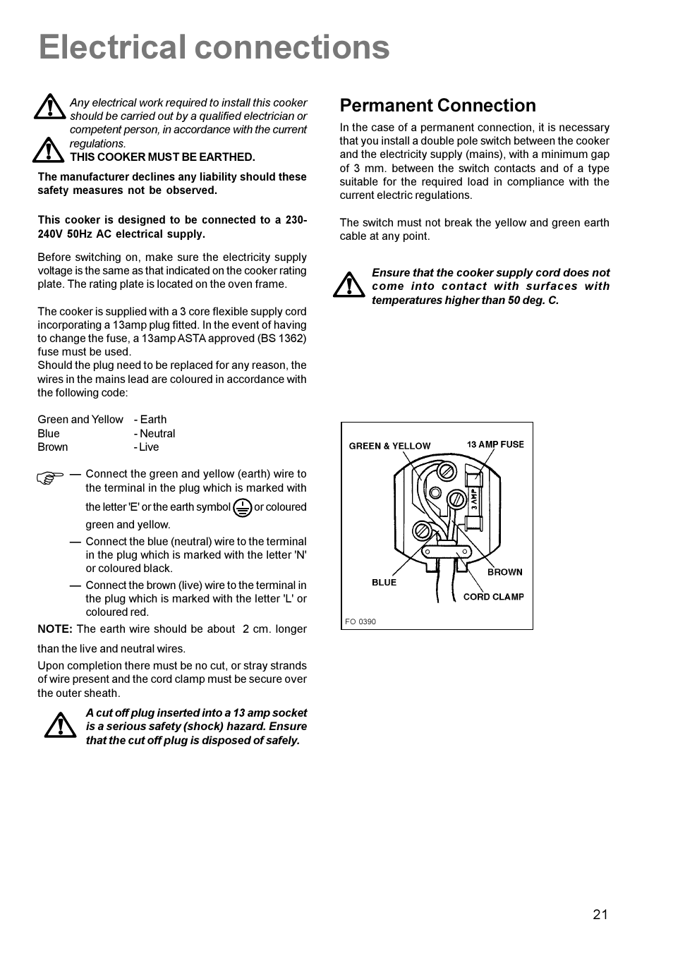 Electrical connections, Permanent connection | Electrolux U22062 CSIG 509 User Manual | Page 21 / 24