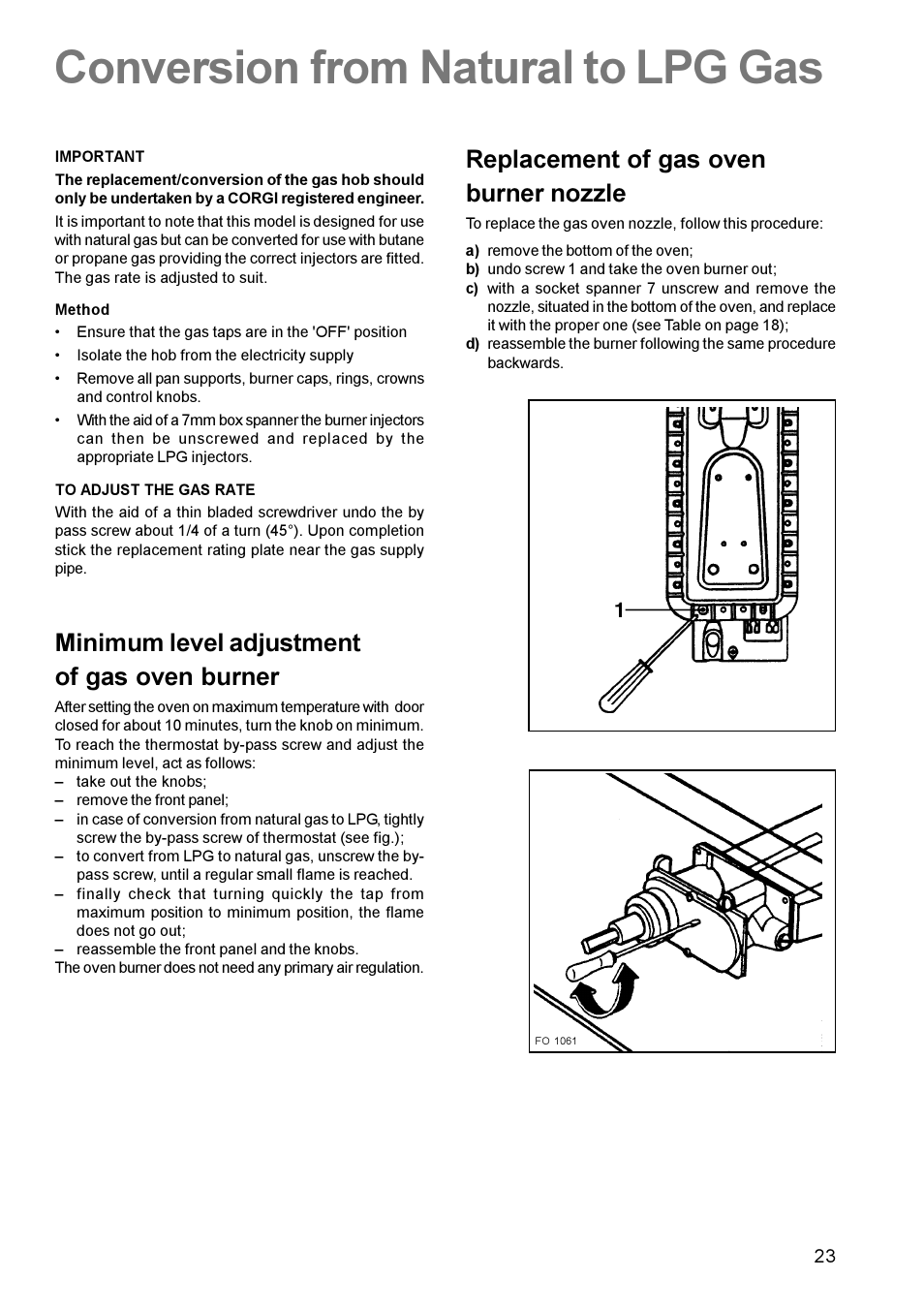 Conversion from natural to lpg gas, Replacement of gas oven burner nozzle, Minimum level adjustment of gas oven burner | Electrolux U22062 CSIG 509 User Manual | Page 23 / 24